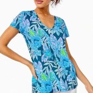 Lilly Pulitzer Etta V Neck Women’s Top Macaw Blue Floral Print Size Small